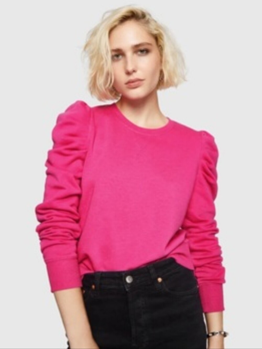 Rebecca Minkoff Janine Hot Pink Puff-Sleeve Crewneck Cottkn Blend Sweater